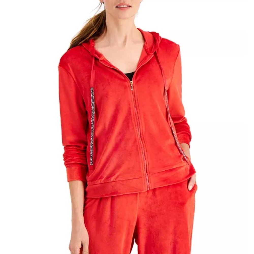 Charter Club Velour Zip-Front Hoodie in Red Sz L NWOT